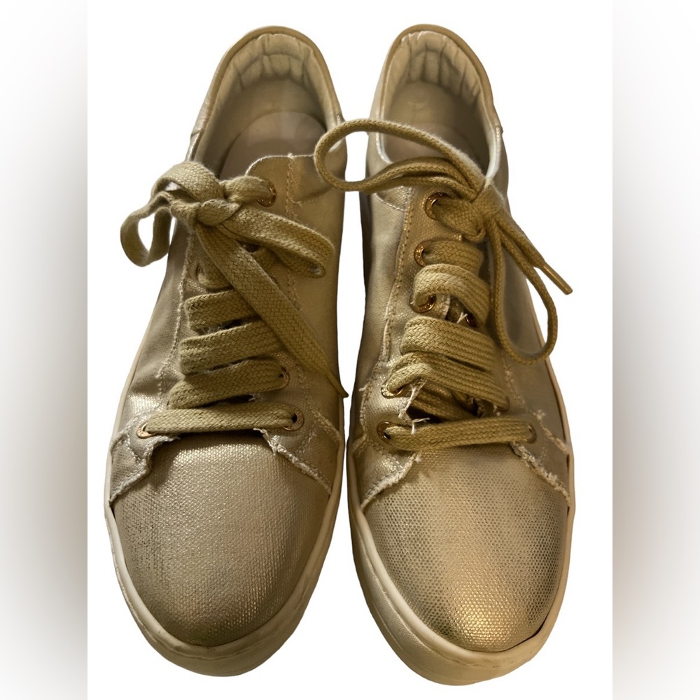 J/Slides heather gold metallic lace up low top platform sneaker
